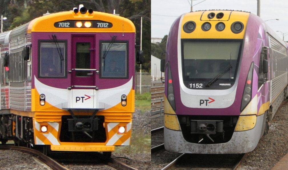 Comparison of PTV livery applied to Sprinter and VLocity trains